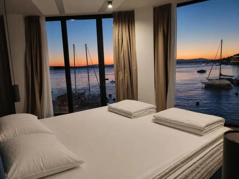 Une chambre avec un grand lit face à une vue sur la mer au coucher du soleil.