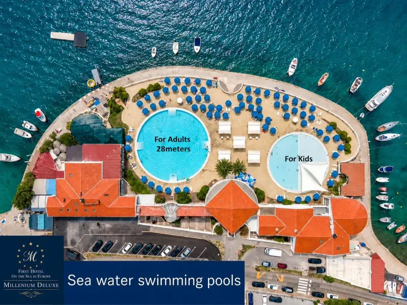 Vue aérienne d'un complexe hôtelier avec des piscines et des transats.