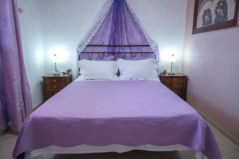 Une chambre à coucher avec un lit à baldaquin violet et des tables de chevet.
