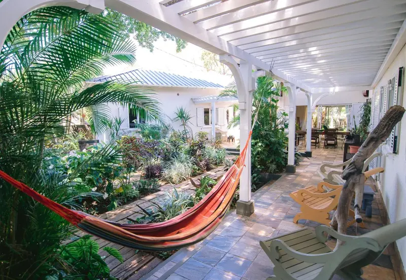 Un hamac rouge est suspendu dans un jardin tropical luxuriant.
