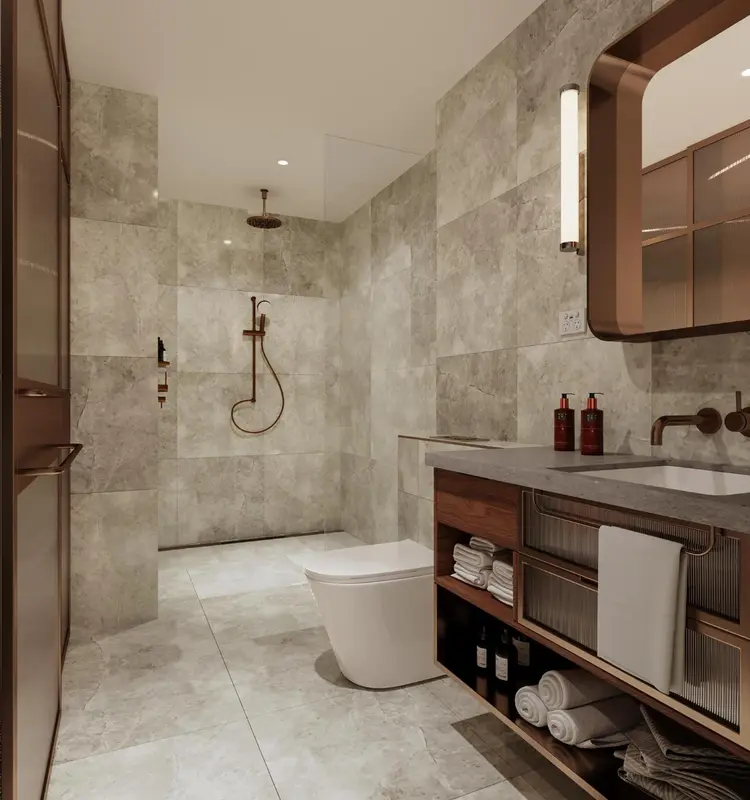 Une salle de bain moderne avec douche à l'italienne et vasque sur meuble.