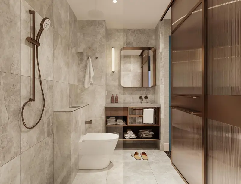 Une salle de bain moderne avec douche à l'italienne et vasque sur meuble.