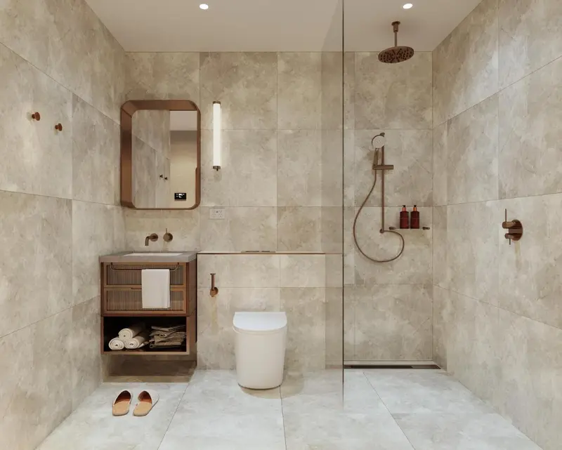 Une salle de bain moderne avec douche à l'italienne et vasque intégrée.