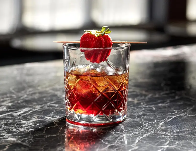 Un verre de cocktail rouge garni d'une fraise est posé sur un comptoir en marbre.