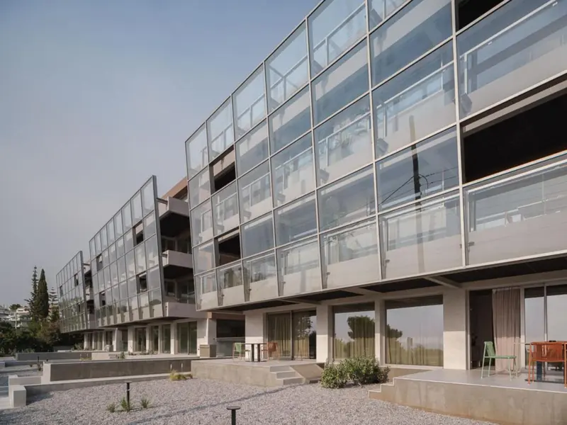 Façade moderne d'un bâtiment avec de larges baies vitrées et des balcons.
