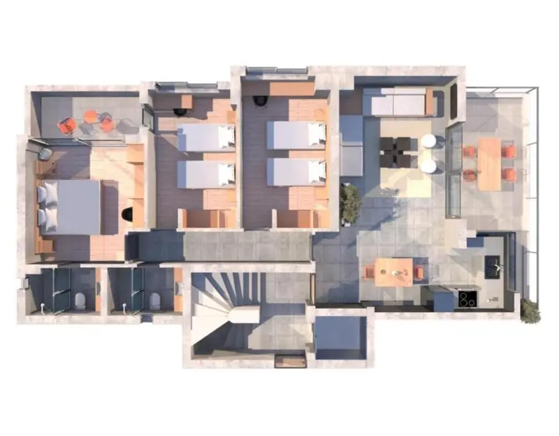 Plan d'étage d'un hébergement avec plusieurs chambres et espaces communs.