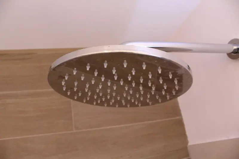 Une douche à pluie moderne est fixée au plafond.