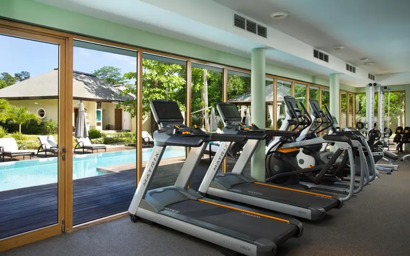 Une salle de sport lumineuse avec des tapis de course et une vue sur une piscine et une végétation luxuriante.
