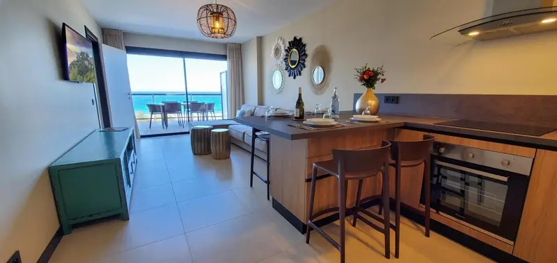 Espace de vie lumineux avec cuisine équipée et vue sur la mer.