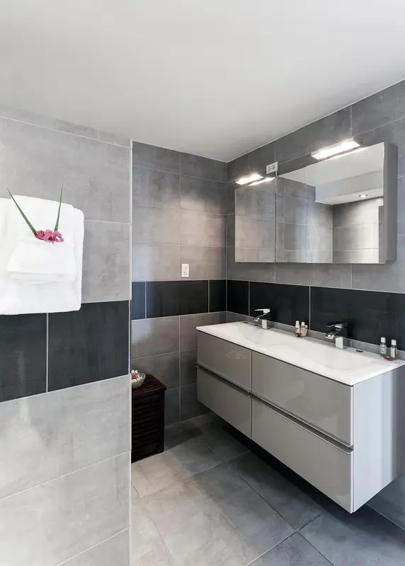 Une salle de bain moderne avec carrelage gris et meuble vasque suspendu.