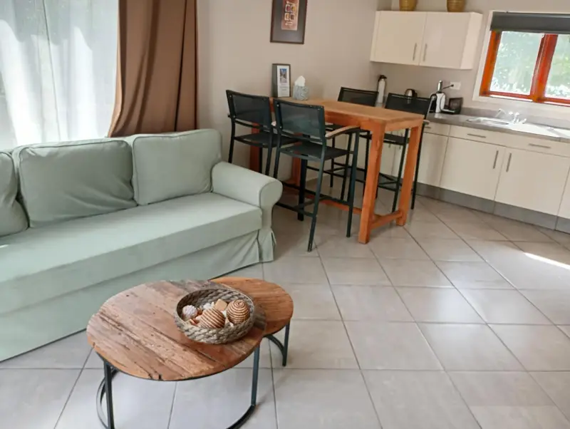 Espace de vie lumineux avec canapé, table à manger et kitchenette.