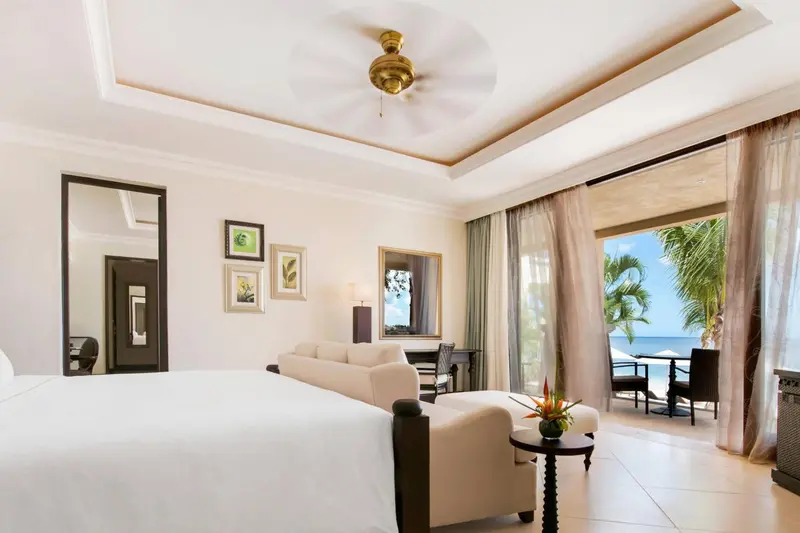 Une chambre lumineuse avec un canapé et une vue sur la végétation et la mer.