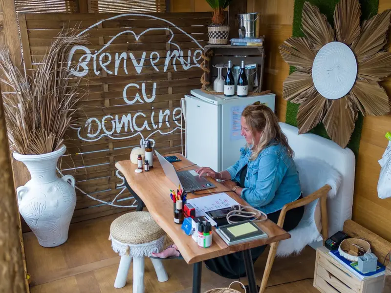 Une femme travaille à un bureau décoré de manière originale avec des éléments naturels.