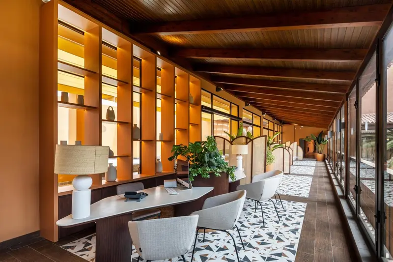 Espace d'accueil lumineux avec mobilier design et plantes.