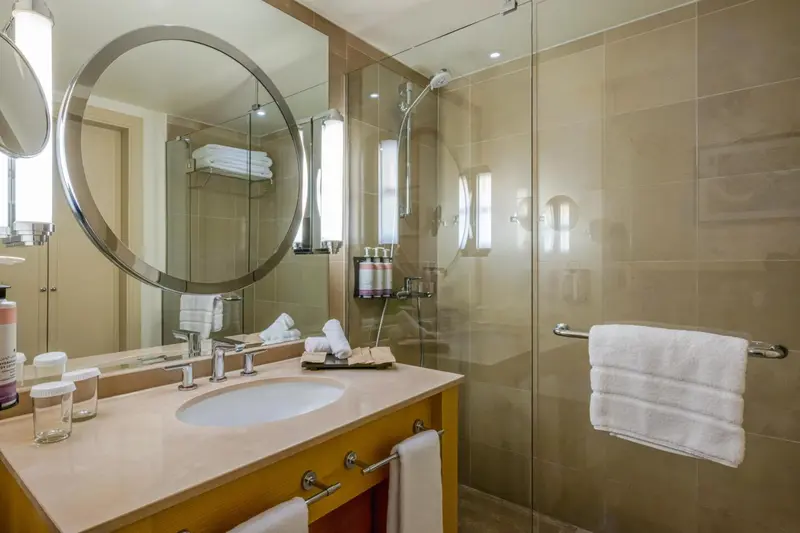 Une salle de bain lumineuse avec une douche à l'italienne et un grand miroir.