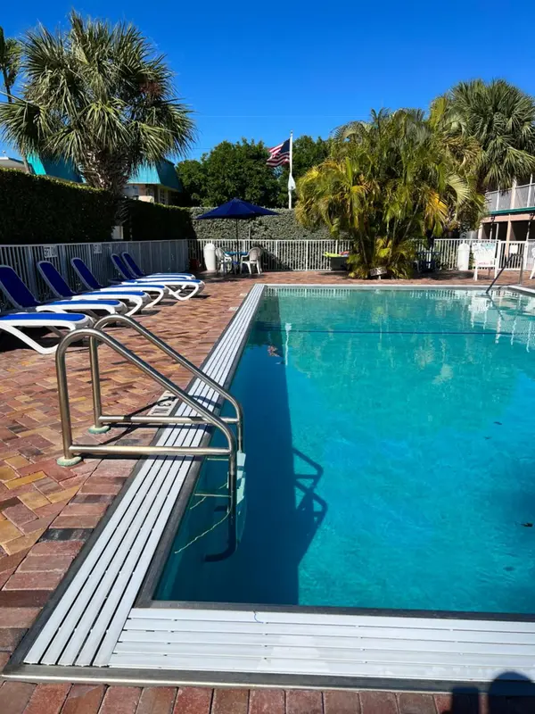 Une piscine rectangulaire bordée de chaises longues sous des palmiers.