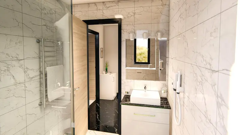 Une salle de bain moderne avec des carreaux de marbre et un grand miroir.