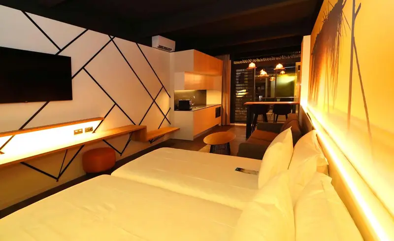 Une chambre lumineuse avec un lit, un coin salon et une kitchenette.