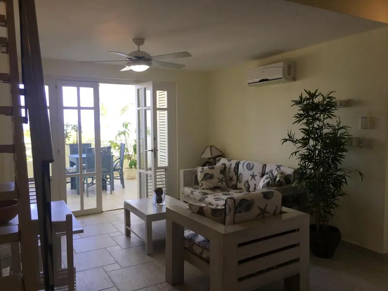 Espace de vie lumineux avec canapé et accès à une terrasse.