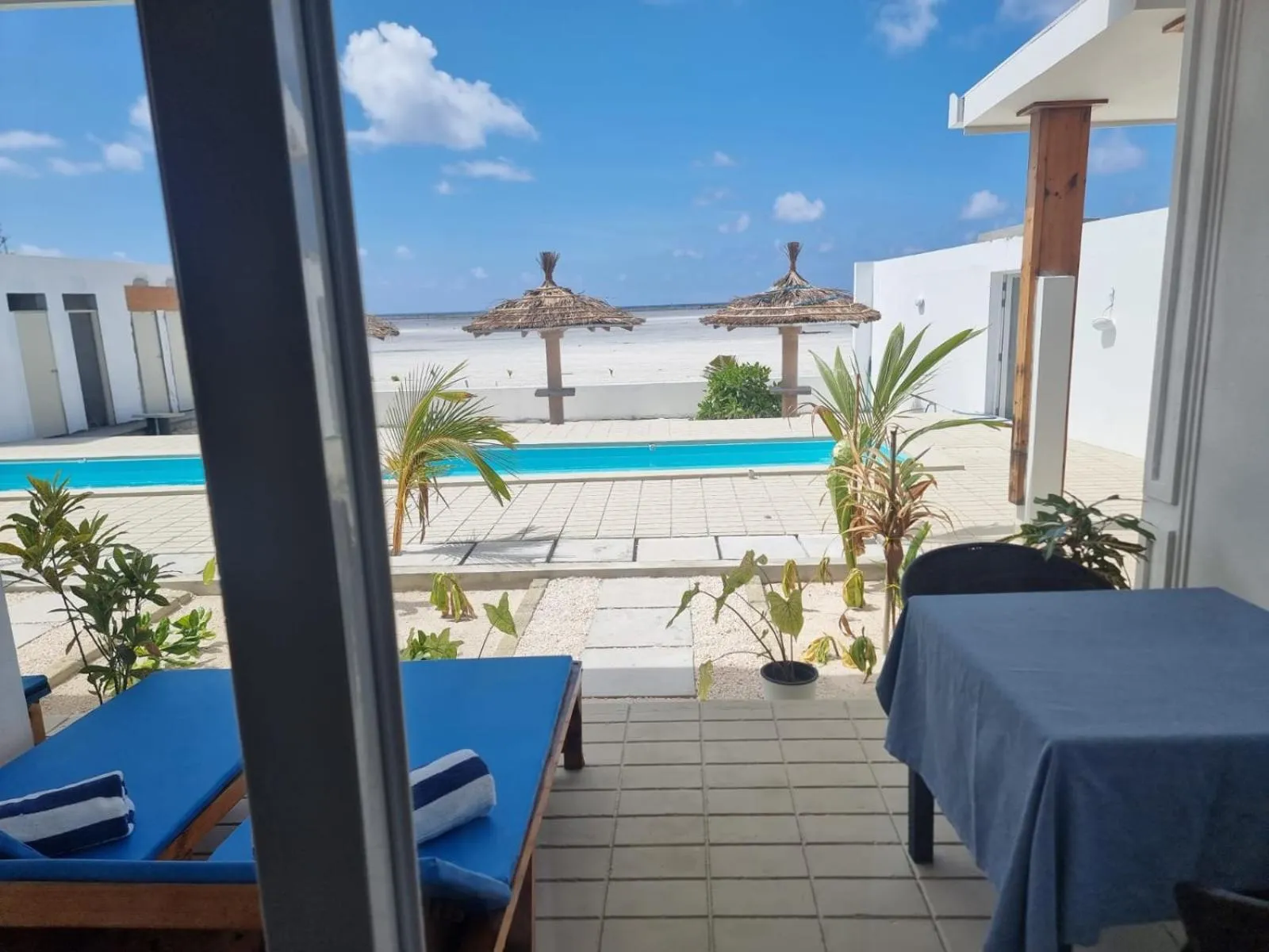 Vue sur une piscine et la mer depuis une terrasse.