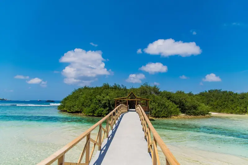 Un ponton en bois mène à une petite île tropicale verdoyante sous un ciel bleu nuageux.