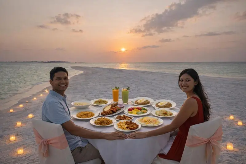 Un couple savoure un repas sur la plage au coucher du soleil.