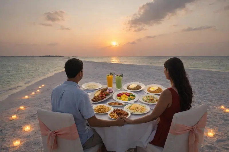 Dîner romantique sur la plage au coucher du soleil.