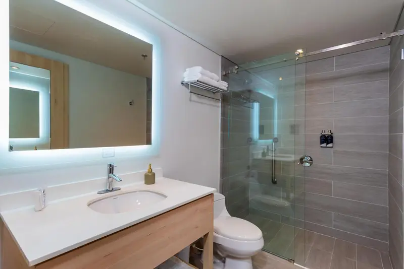Une salle de bain moderne avec douche à l'italienne et lavabo.