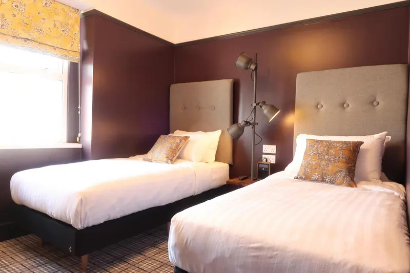 Une chambre avec deux lits simples et des oreillers décorés.