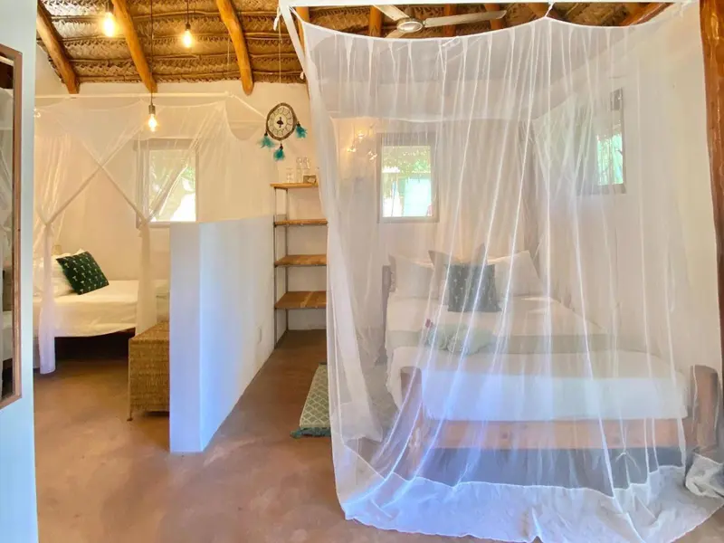 Une chambre lumineuse avec un lit à baldaquin et une décoration naturelle.