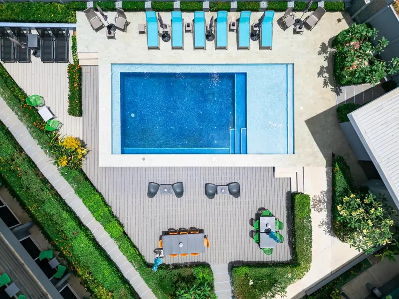 Vue aérienne d'une piscine rectangulaire entourée d'un sol pavé et de végétation luxuriante.