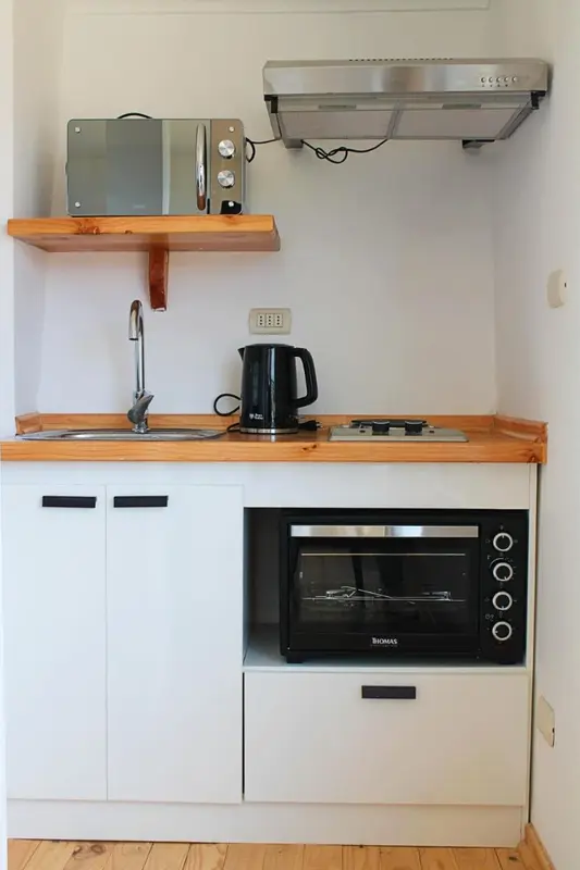 Une kitchenette avec un évier, une plaque de cuisson et un four.