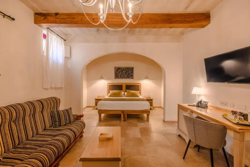 Une chambre lumineuse avec un lit double et un coin salon.
