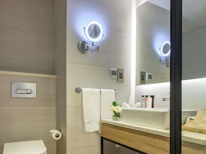 Une salle de bain moderne avec un grand miroir et des luminaires.