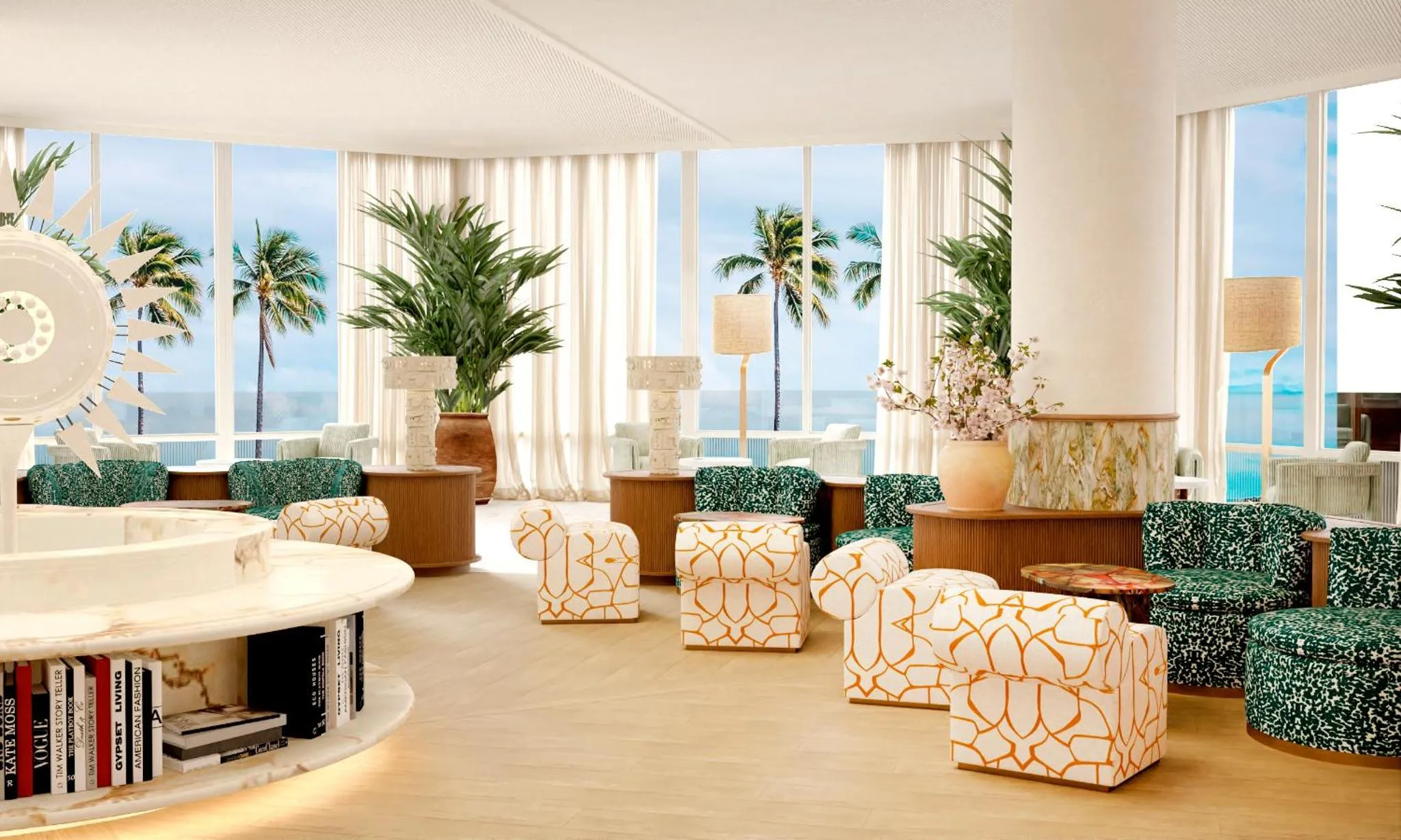 Espace de détente lumineux avec mobilier coloré et vue sur la mer.