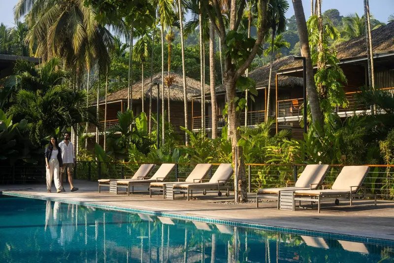 Transats alignés au bord d'une piscine turquoise dans un cadre tropical.