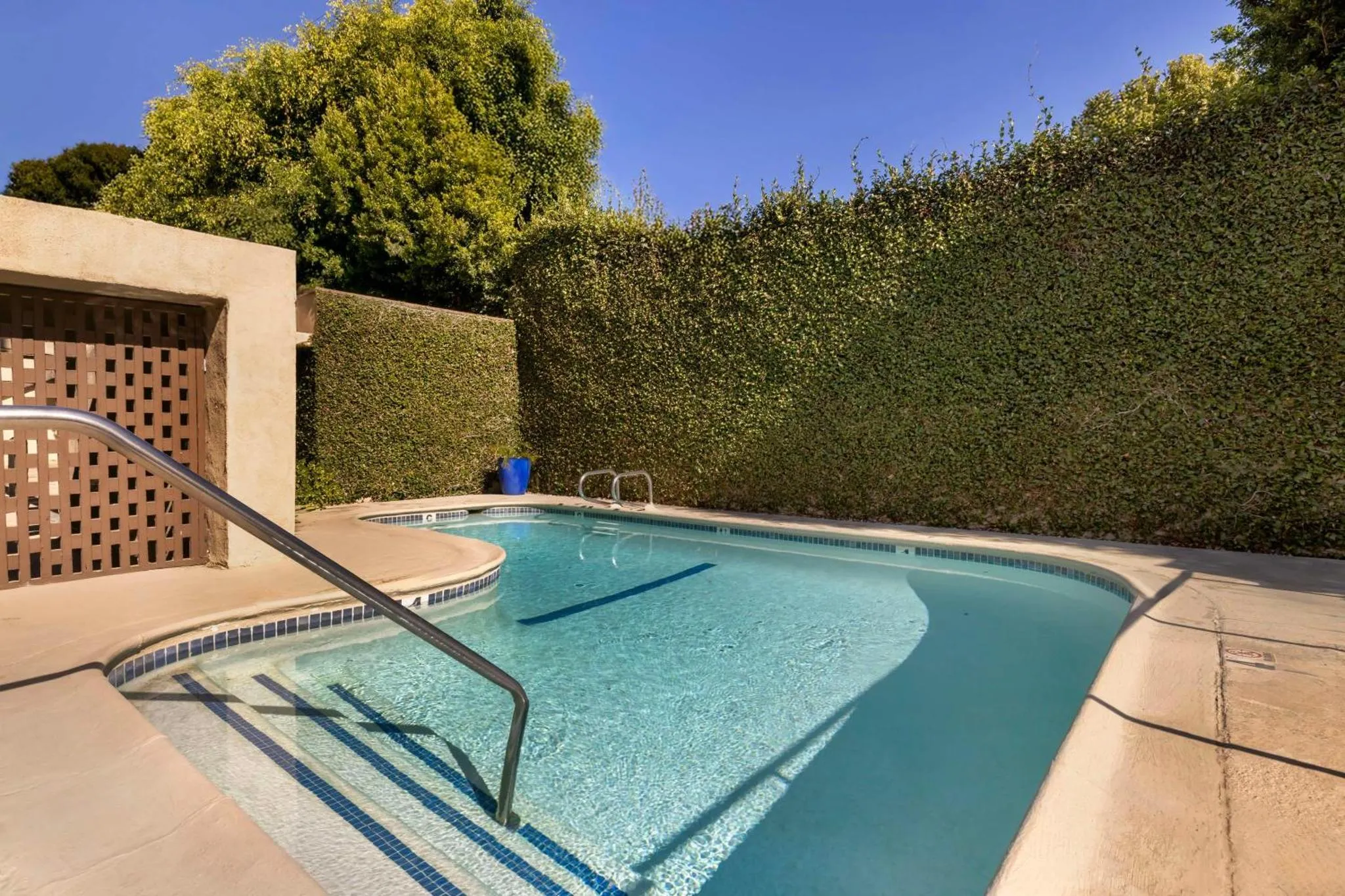 Une piscine rectangulaire avec des marches et une rambarde en métal.