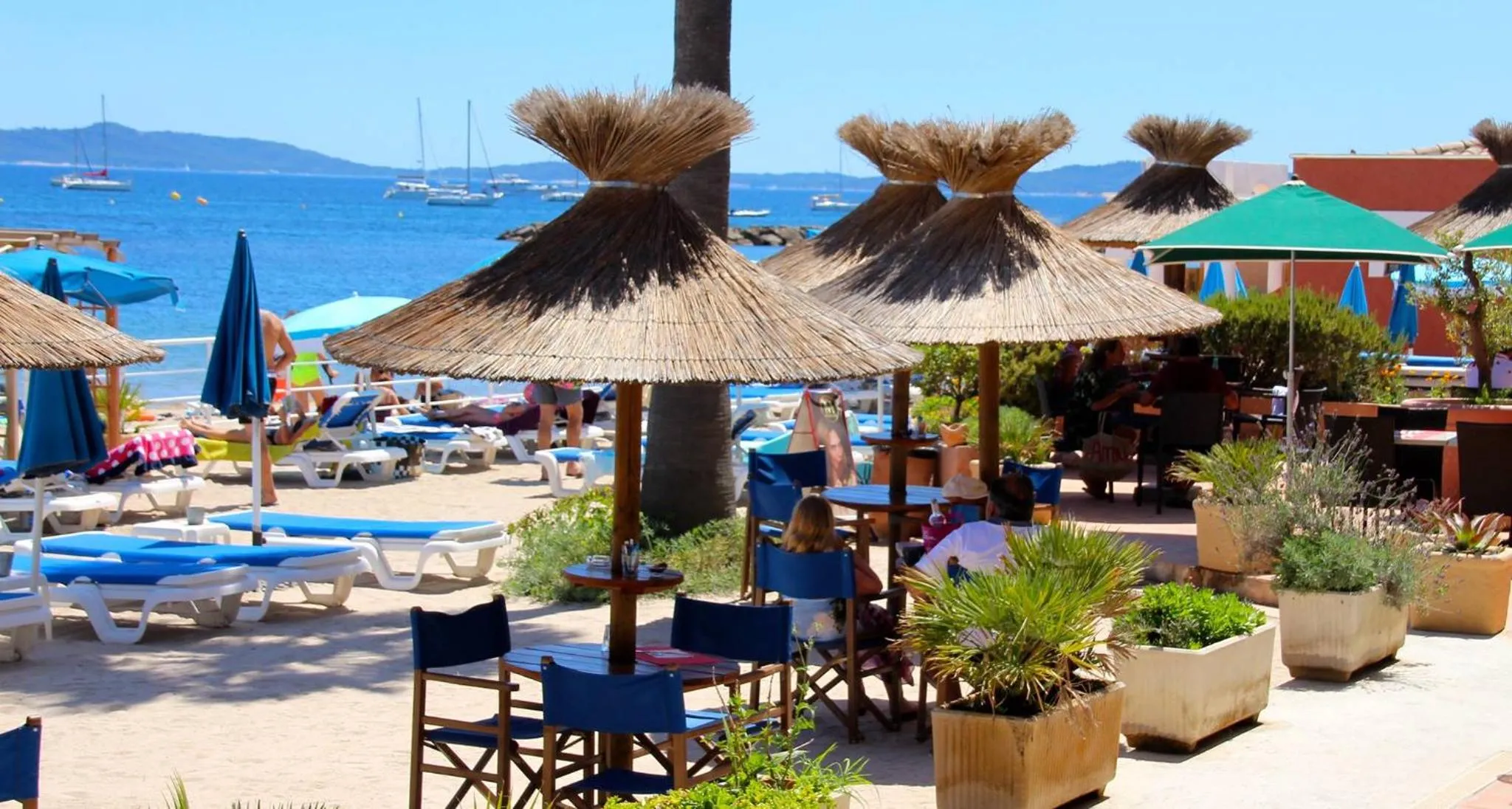 Terrasse ombragée avec tables et chaises face à la mer.
