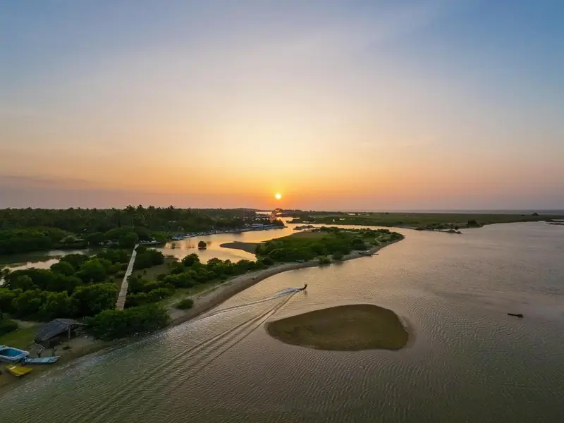 Vue aérienne d'une côte au coucher du soleil avec une étendue d'eau et une végétation luxuriante.