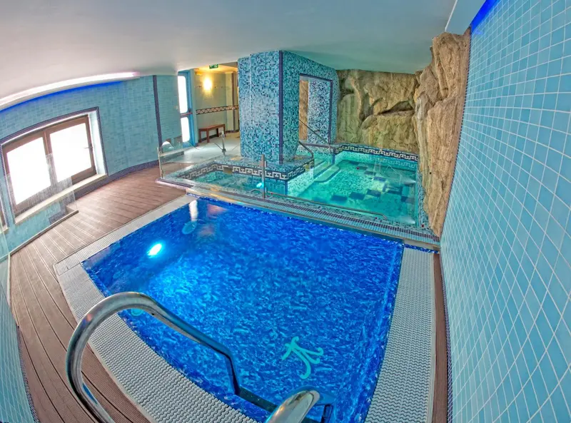 Une piscine intérieure avec un décor rocheux et des mosaïques bleues.