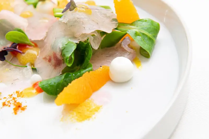 Assiette de salade colorée avec des agrumes et des herbes fraîches.