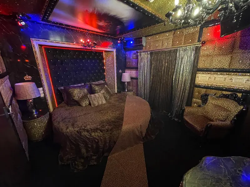 Une chambre à coucher luxueuse avec un lit recouvert de textiles décoratifs et des meubles ornés.