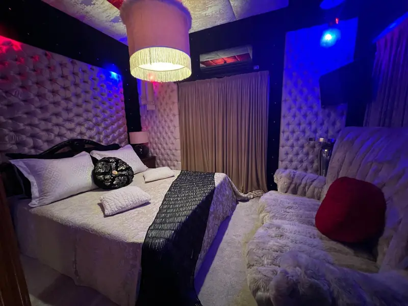 Une chambre à coucher avec un grand lit et un canapé moelleux.