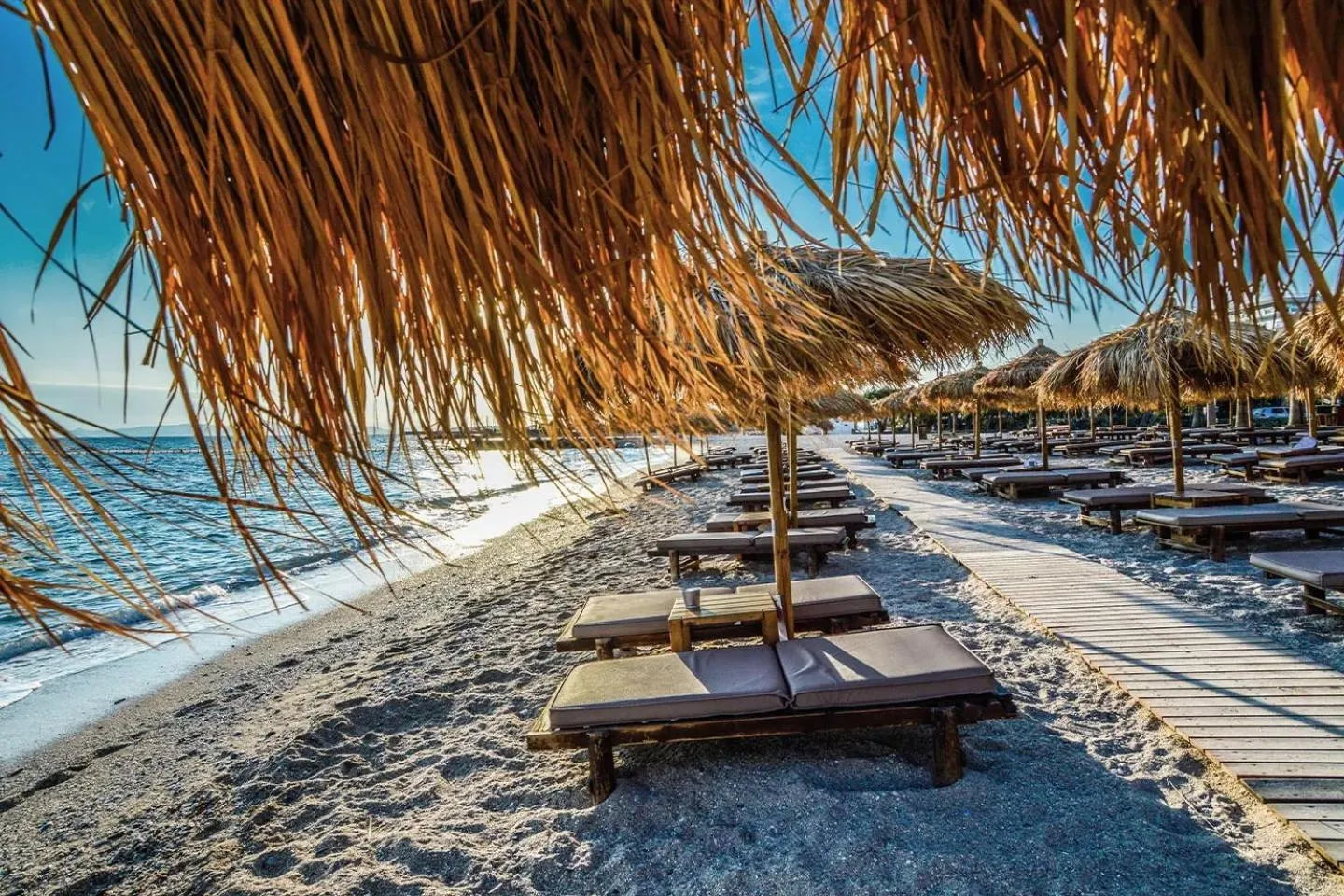 Transats alignés sous des parasols de chaume sur une plage de sable sombre.