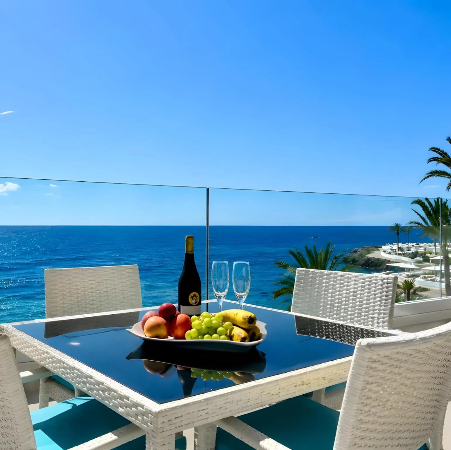 Une table avec des fruits et des verres de vin est mise en scène sur une terrasse avec vue sur la mer.