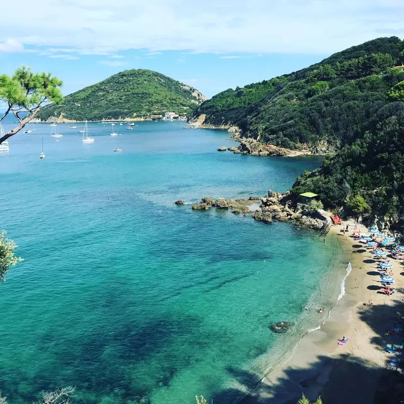 Vue aérienne d'une crique abritée avec une plage et des bateaux amarrés.