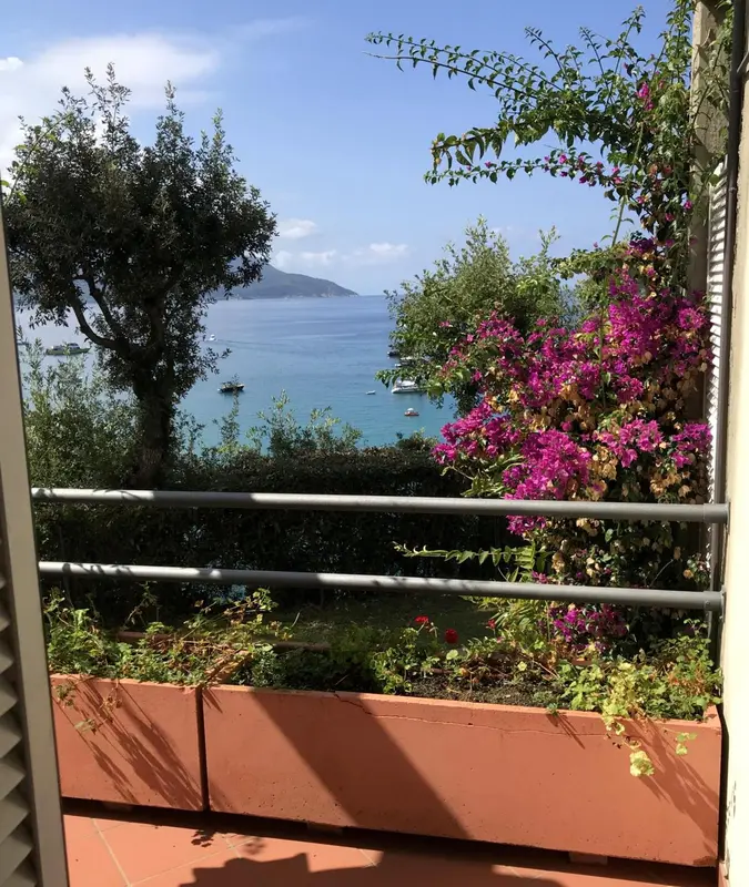 Vue sur la mer depuis une terrasse fleurie.