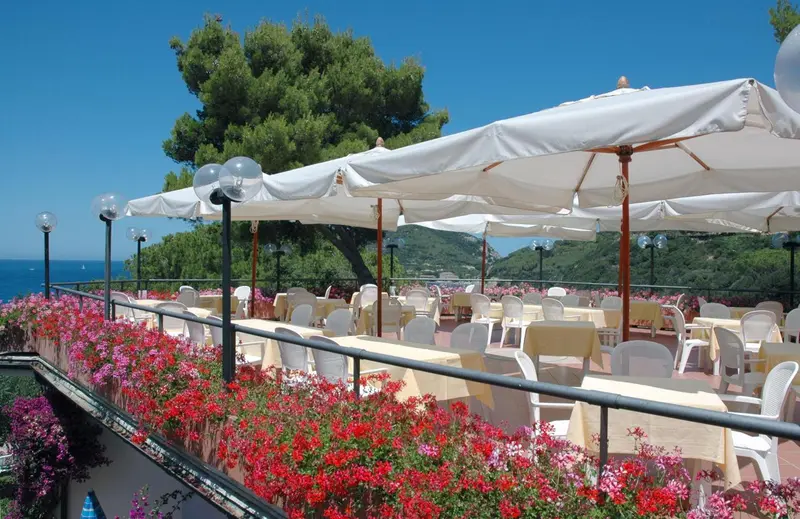 Terrasse fleurie avec tables et chaises donnant sur la mer.