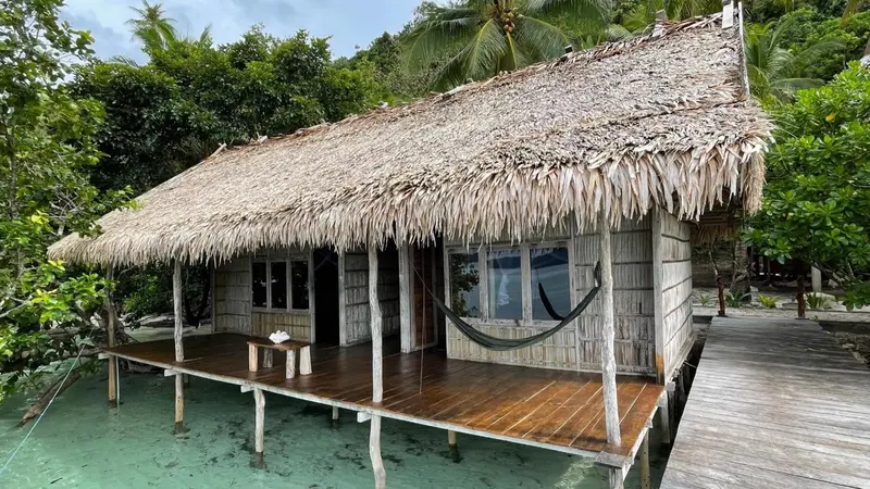 Une cabane sur pilotis avec une terrasse et un hamac.