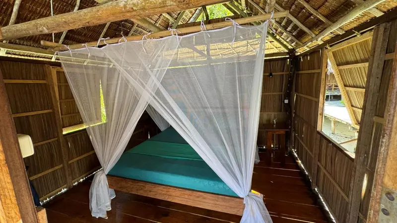 Lit à baldaquin dans une chambre rustique en bois.